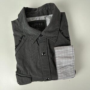 Guess Shirt Mens L Pearl‎ Snaps Embroidered Grey Contrast Trim Western Cowboy